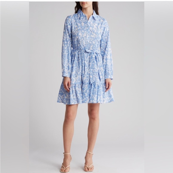 Ellen Tracy Long Sleeve Shirt Dress French Blue Damask NWT Size Medium - Picture 1 of 10